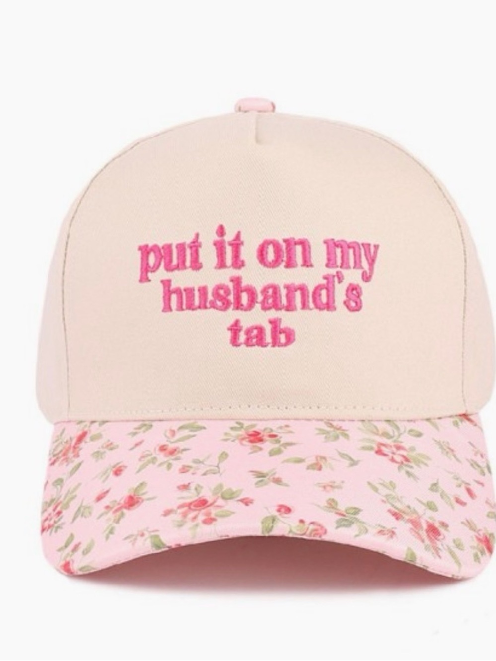 Pink Floral-Brim Baseball Cap with Playful Embroidered Slogan